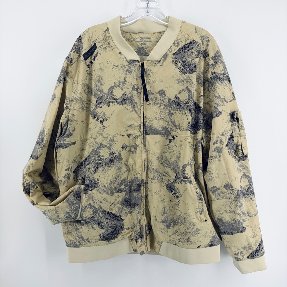 Legends Bomber Jacket Mens XXL Rare Mountain Print Cream Full Zip Lightweight